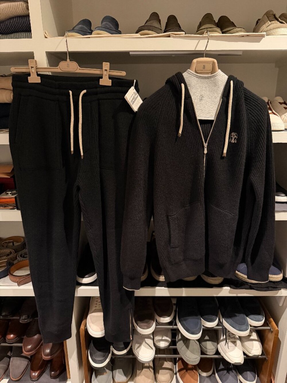 BNWT ($8,000 w tax) Brunello Cucinelli black english rib knit SET in Large